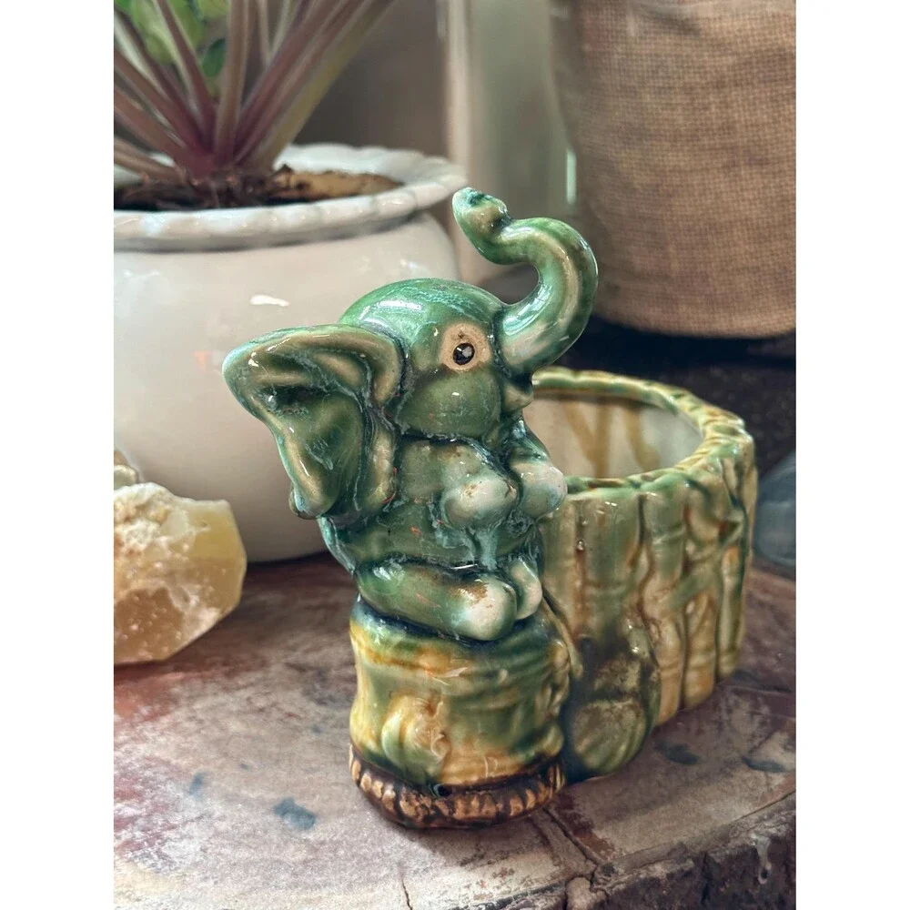 Vintage Ceramic Elephant Planter | Green Glazed Elephant & Bamboo Pot | Boho Jun